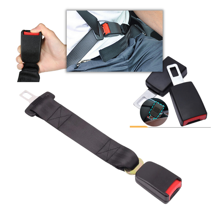 Pregnant driver using a universal car seat belt extender for improved comfort & safety.