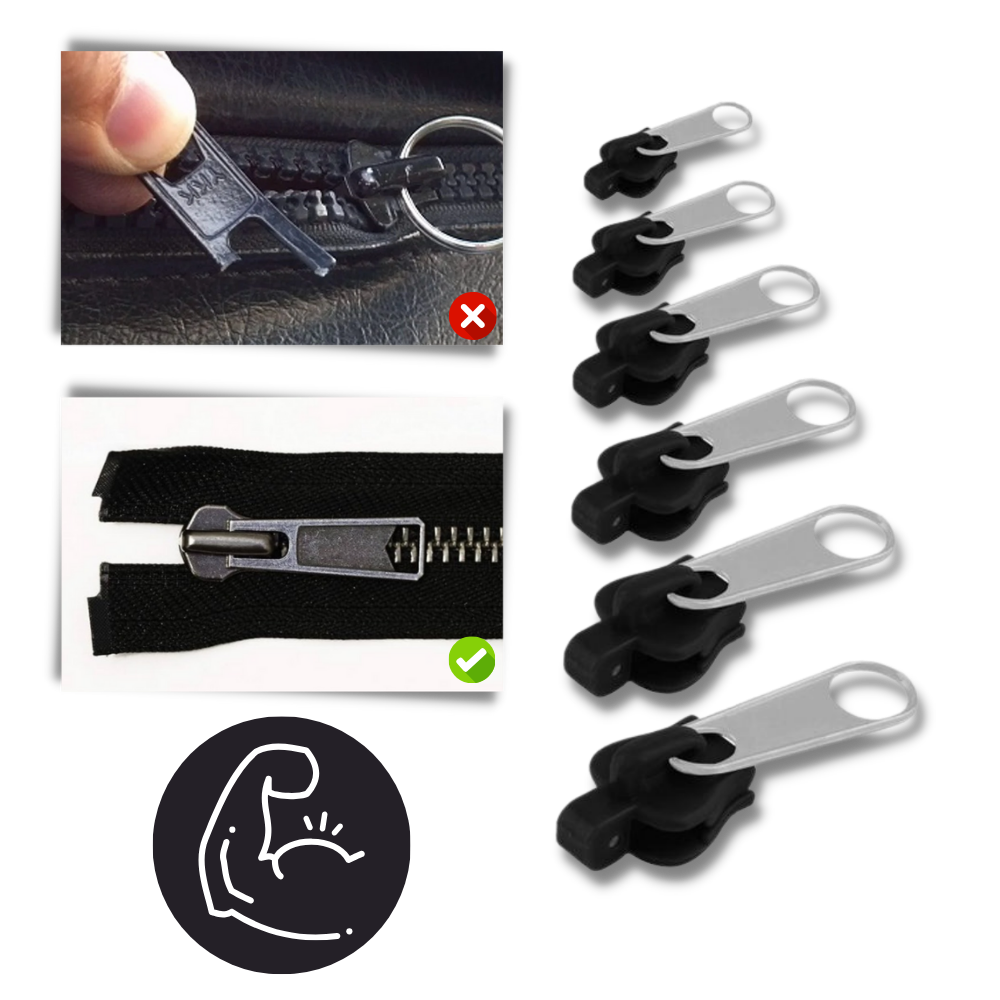 Set of universal zipper pull tab & slider replacements. Clip-on design for quick, no-sew clothing & bag repair.