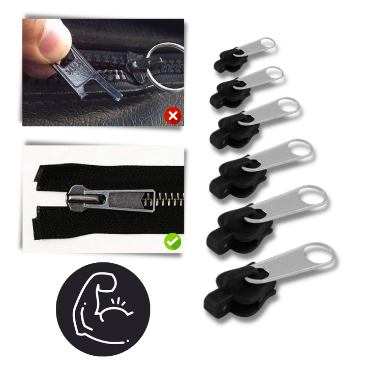 Set of universal zipper pull tab & slider replacements. Clip-on design for quick, no-sew clothing & bag repair.