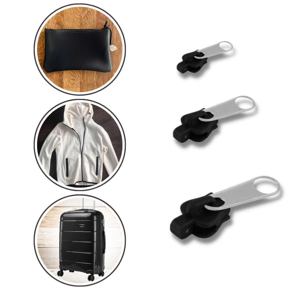Versatile zipper replacement kit. Universal clip-on sliders for quick repairs on jackets, pants & travel gear.