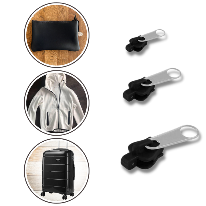 Versatile zipper replacement kit. Universal clip-on sliders for quick repairs on jackets, pants & travel gear.