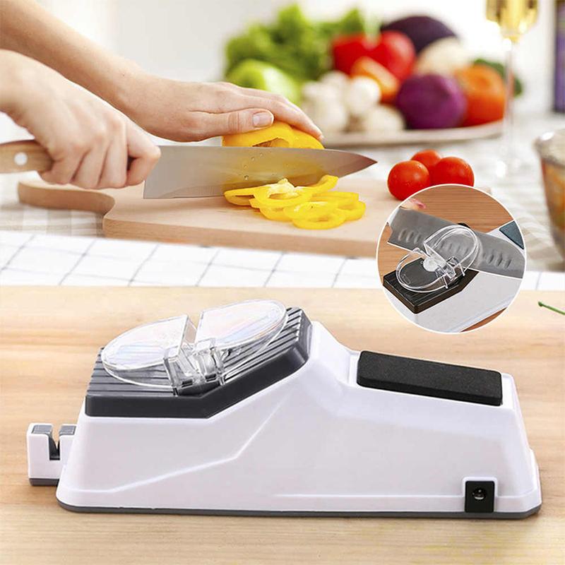 Universal electric knife sharpener for kitchen tools, quickly sharpens dull blades.