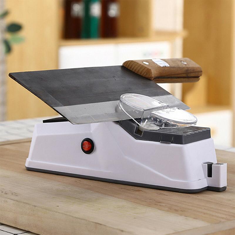 Portable electric sharpener for kitchen, easily sharpens knives, scissors, and other blades.