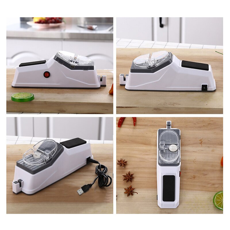 Compact & portable electric knife sharpener, rechargeable for convenient kitchen blade sharpening.