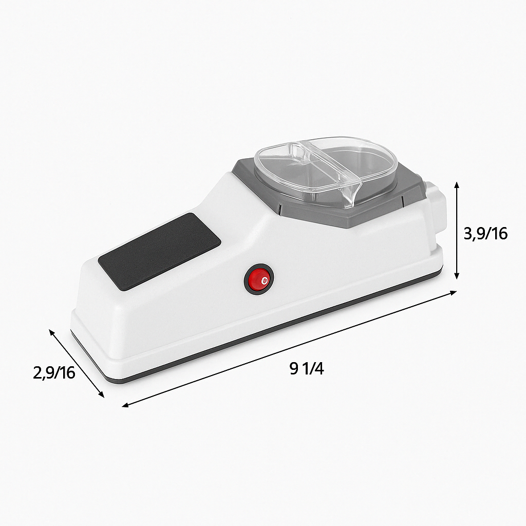 Powerful electric sharpener, brings back the sharpness to kitchen knives and scissors.