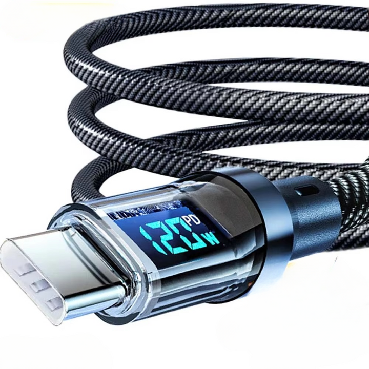 Universal fast charging USB-C cable with real-time LED power display for quick phone & device charging.