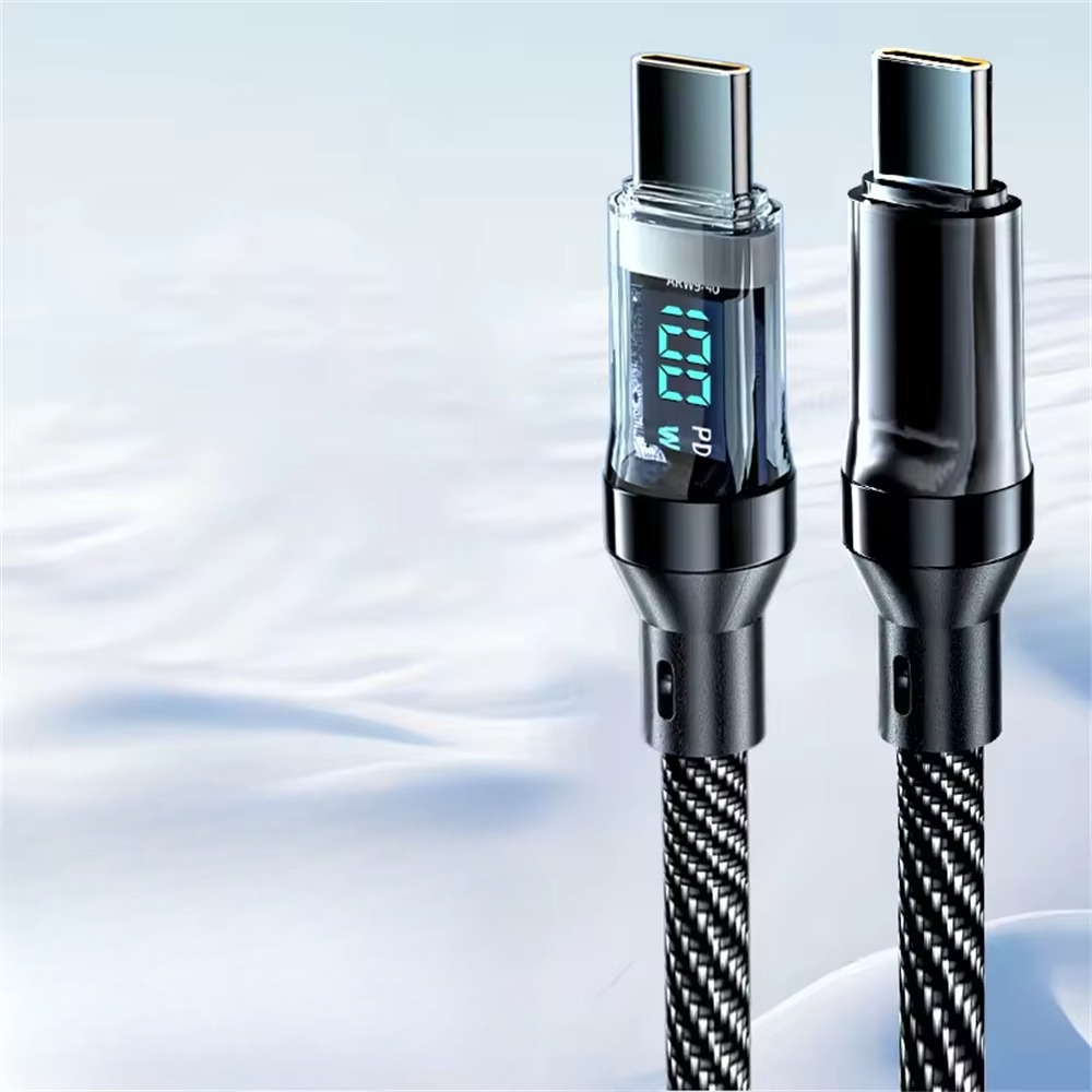 Close-up of LED display on a robust USB-C fast charging cable, showing real-time power output for quick charge.