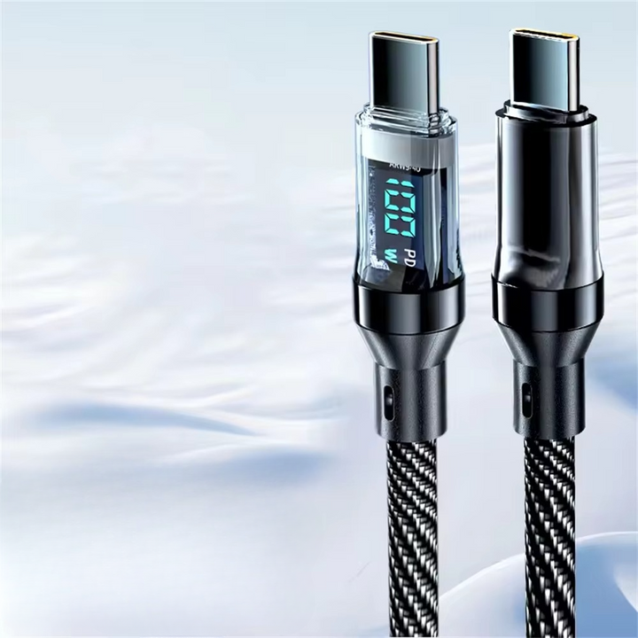 Close-up of LED display on a robust USB-C fast charging cable, showing real-time power output for quick charge.