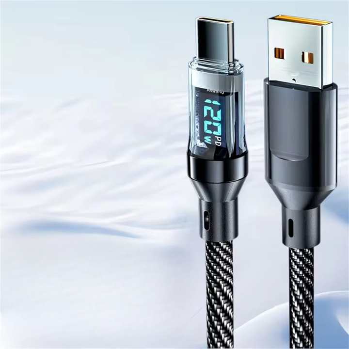 Premium 100W/120W fast charging USB-C cable with LED display for efficient quick charge and data sync.