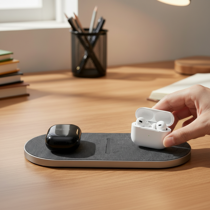 Sleek universal fast wireless charging station. Dual Qi charger for phone & earbuds, perfect desk organizer.