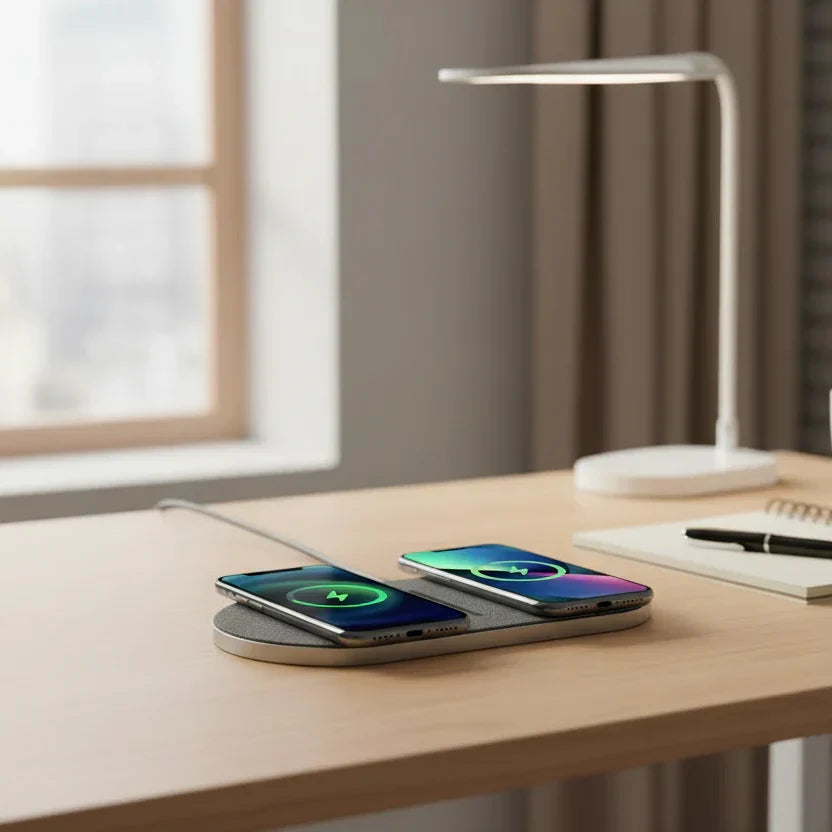 Fast wireless charging station for two devices. Universal Qi compatible phone & earbud charger for efficient power.