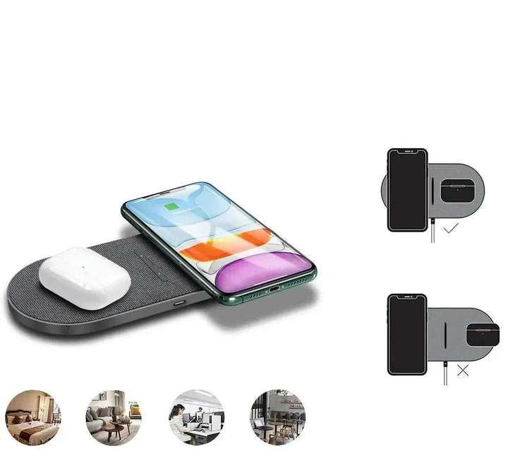 Universal fast wireless charger for dual phones & earbuds. Qi-certified charging station, modern tech accessory.