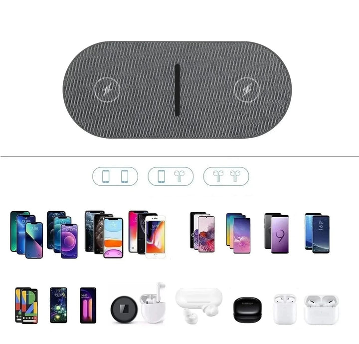 Efficient dual fast wireless charging station. Universally compatible for smartphones & wireless earbuds, neat desk.