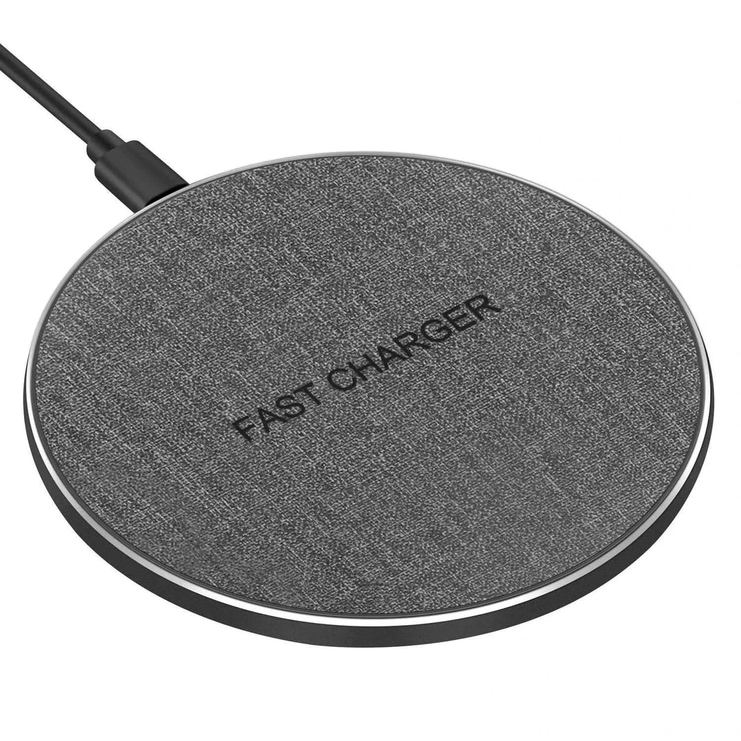 Compact universal fast wireless charger for two devices. Charges phones & earbuds simultaneously. Desk solution.