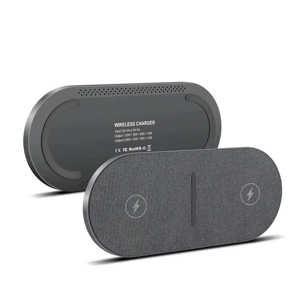Modern dual fast wireless charging station. Universal Qi charger for phones, earbuds; sleek tech desk accessory.