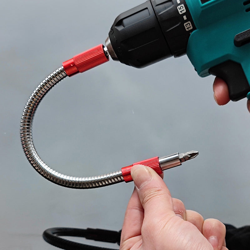 Universal flexible extension bit holder for drills/screwdrivers, magnetic tip, carbon steel for DIY tasks.