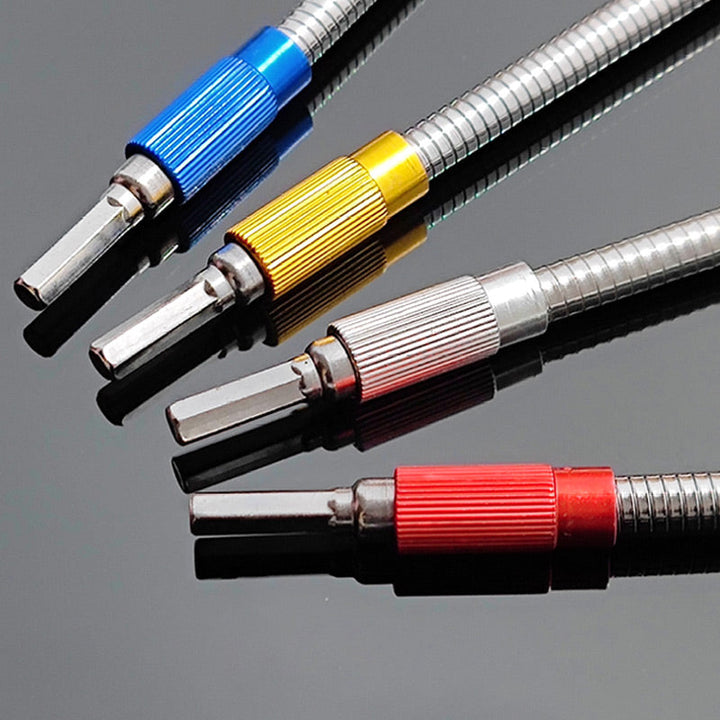 Magnetic universal extension bit holder for drills/screwdrivers, flexible carbon steel tool for home repair.