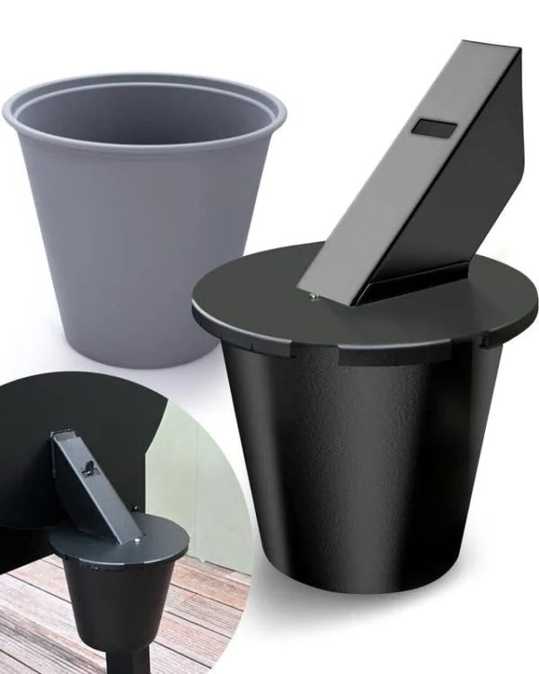 Universal grill grease collector with secure lid, for easy BBQ cleanup & outdoor cooking.