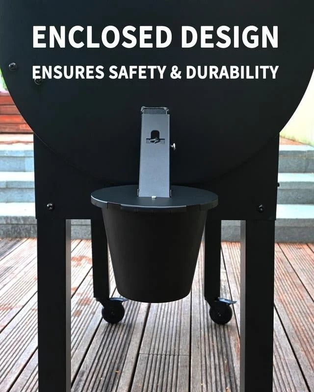 Universal BBQ grease collector with secure lid. Ideal for pellet, smoker & gas grill cleanup.
