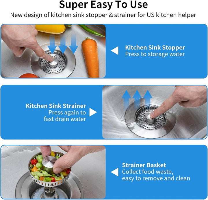 Universal stainless steel push-pop drain stopper & strainer for kitchen sinks. Easy installation.