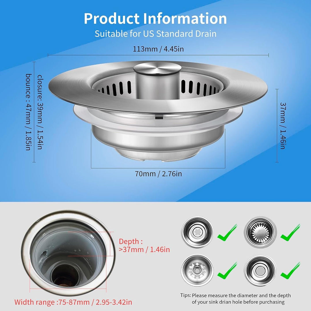 Multipurpose kitchen sink drain stopper and strainer, ensuring efficient waste filtering and clog prevention.