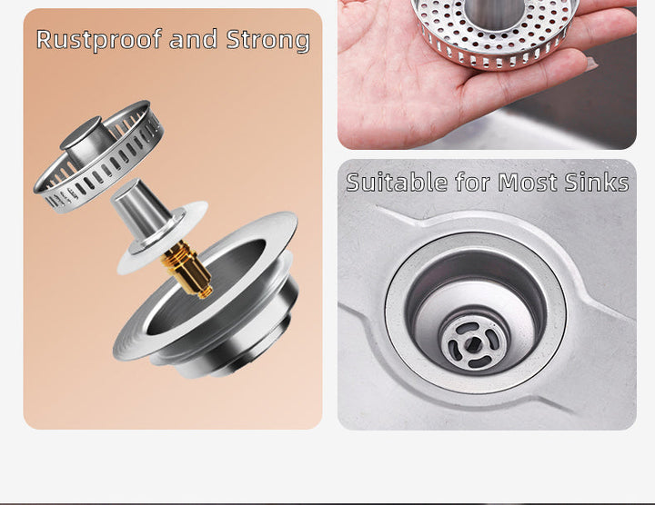 Universal fit kitchen sink drain strainer with push-pop stopper. Essential kitchen accessory for clog protection.