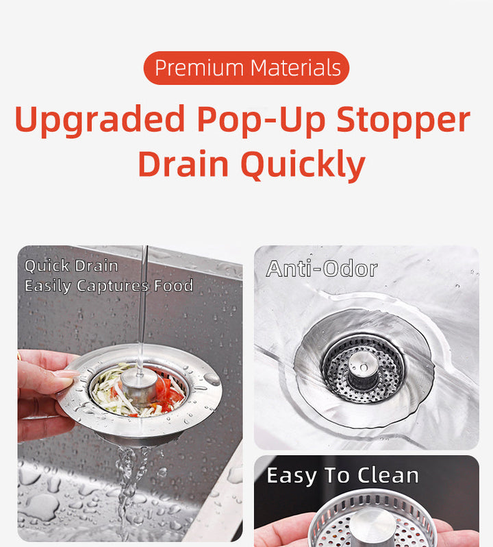 Stainless steel kitchen sink drain protector. Push-pop stopper offers easy clog prevention and waste filtering.