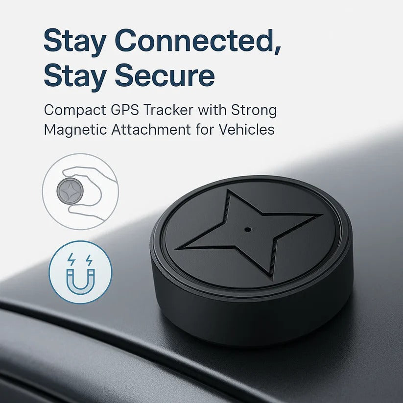 Compact 4G GPS tracker, magnetic base for discreet asset tracking.