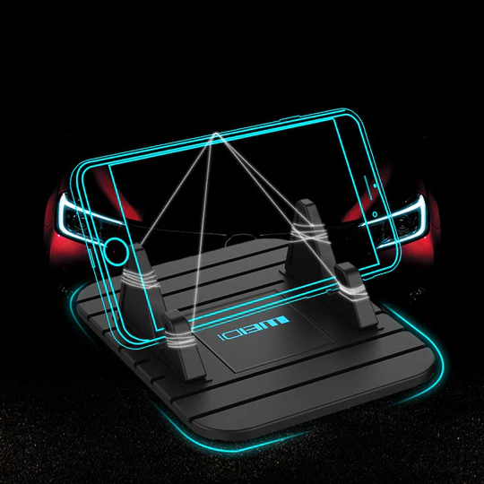 Portable universal car phone holder, non-slip silicone design for dashboard, compatible with most smartphones.