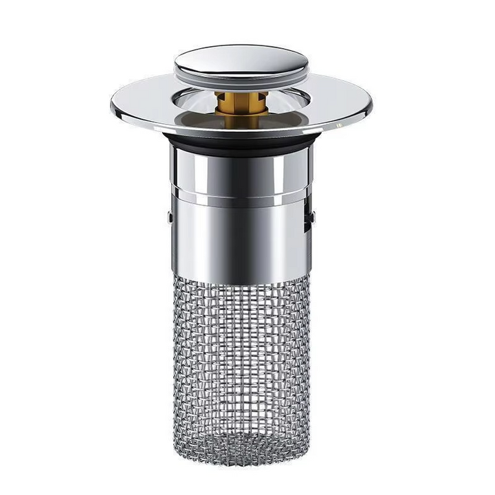 Universal pop-up sink drain stopper for bathroom & kitchen. Prevents clogs & catches hair. Easy clean.