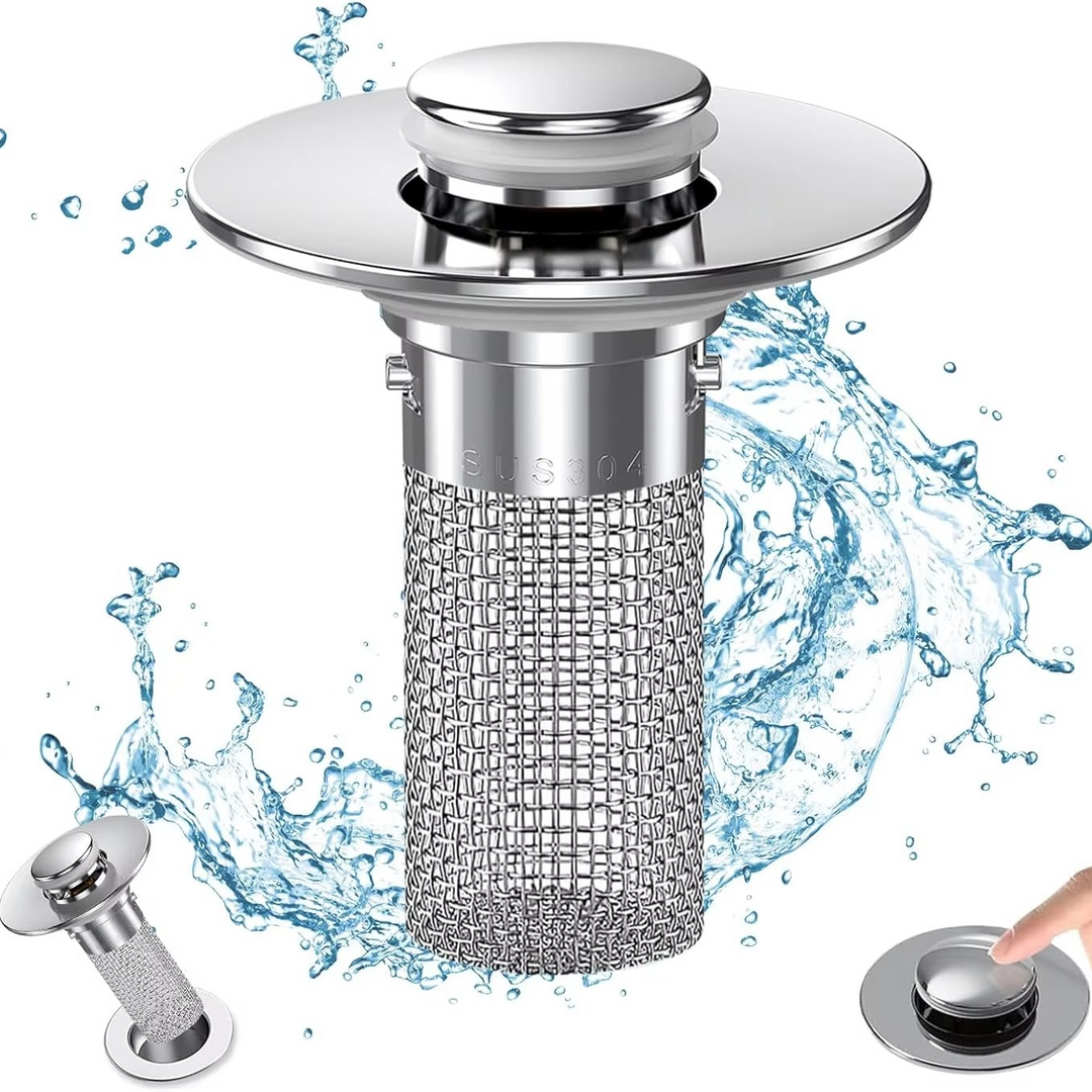 Bathroom & kitchen sink hair catcher drain protector. Universal pop-up stopper for clog prevention & home improvement.
