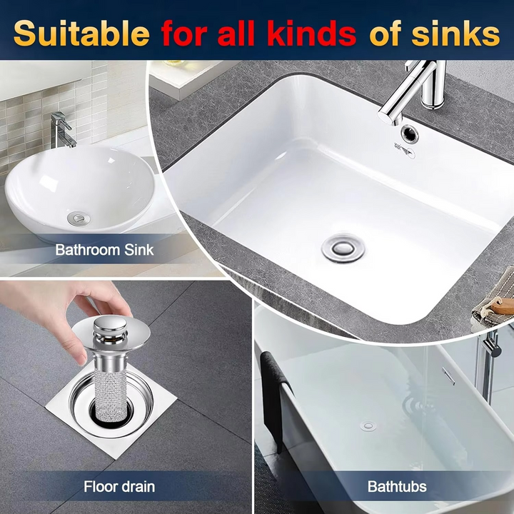 Easy clean universal pop-up sink drain stopper & hair catcher. Perfect for bathroom & kitchen clog prevention.