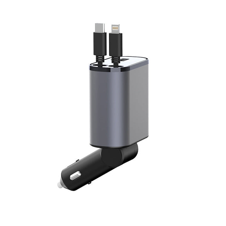 Versatile retractable fast car charger, compatible with iPhone & Android, for quick mobile charging in vehicles.