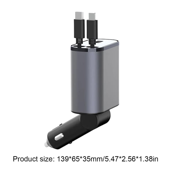 Dual-port retractable fast car charger, perfect for charging multiple phones in your vehicle while traveling.