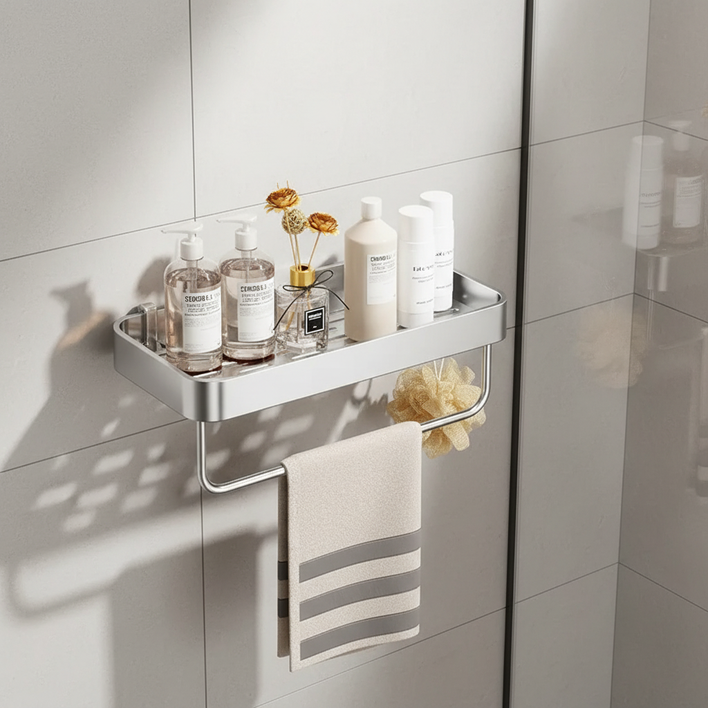Universal shower caddy shelf, no drilling installation, soap holder & towel rail included.