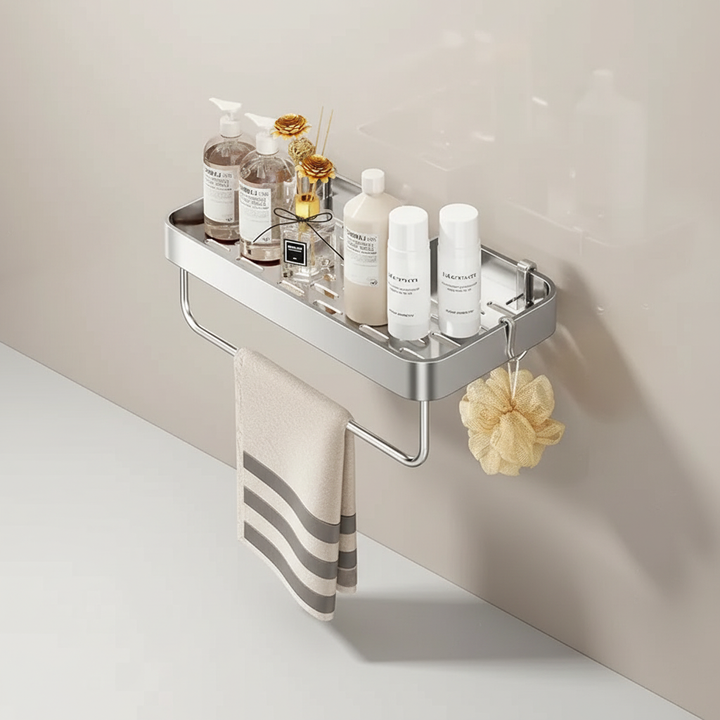 Removable bathroom organizer shelf, modern design, perfect for rental friendly shower storage.