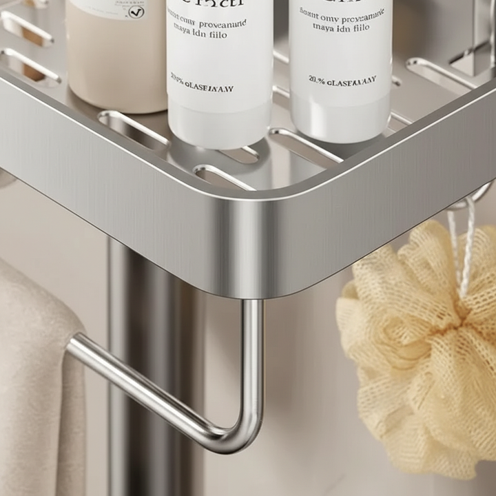 Space-saving shower caddy with multiple tiers, chrome finish, ideal for bathroom organization.