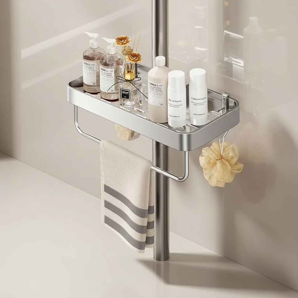 No-drilling shower caddy shelf holding toiletries, soap, and bath essentials securely.