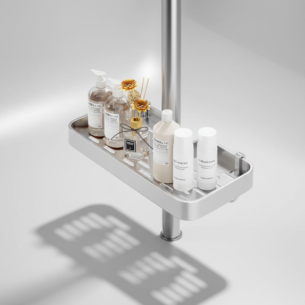 White plastic universal shower caddy, easy to install and remove, featuring a towel bar.