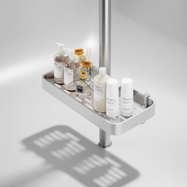 White plastic universal shower caddy, easy to install and remove, featuring a towel bar.