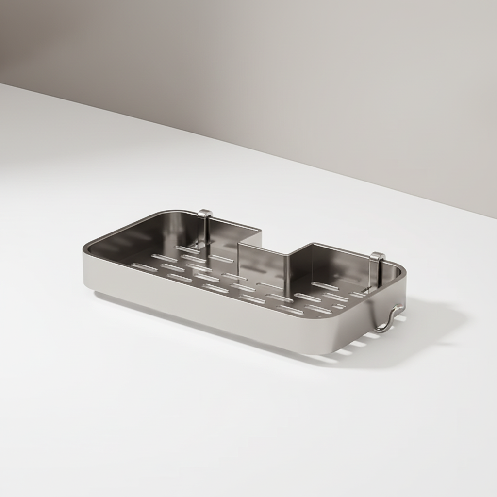 Detachable shower caddy organizer, grey, with soaplift feature and ample storage space.