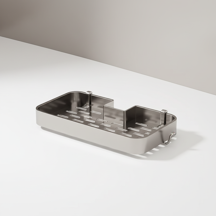 Detachable shower caddy organizer, grey, with soaplift feature and ample storage space.