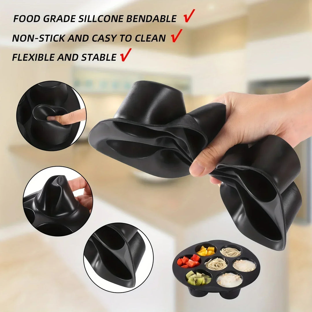 Flexible silicone bakeware, non-stick and reusable. Ideal for air fryer and microwave baking. A versatile kitchen tool.