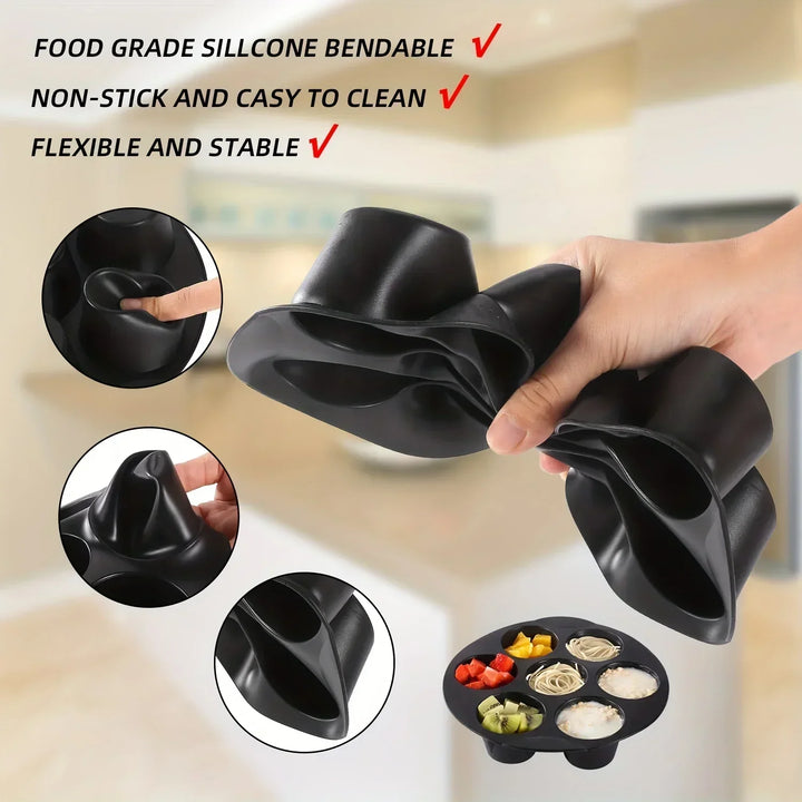 Flexible silicone bakeware, non-stick and reusable. Ideal for air fryer and microwave baking. A versatile kitchen tool.