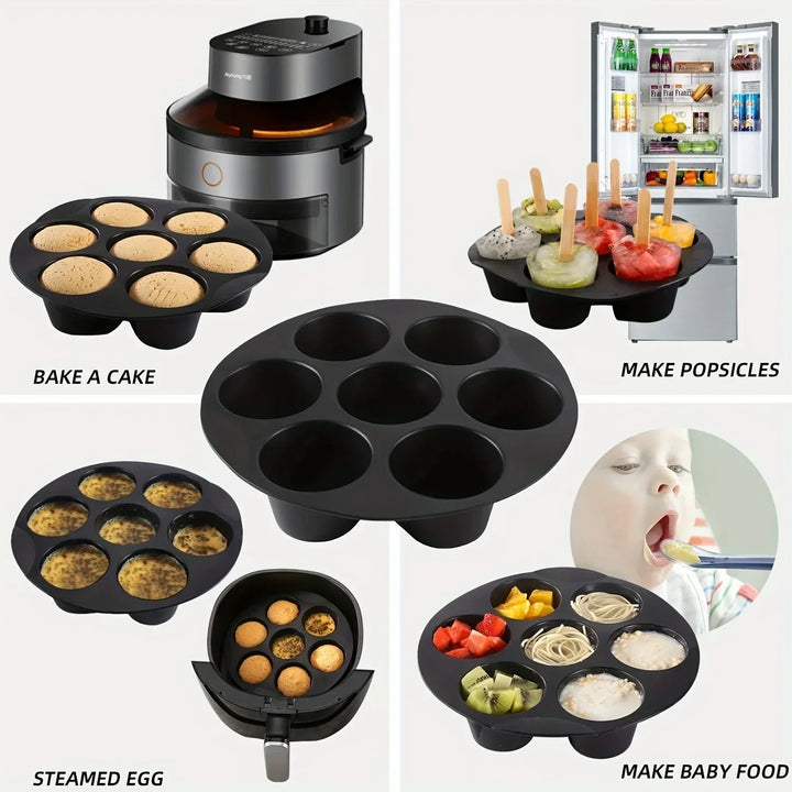 Durable silicone cake & muffin mold, designed for microwave and air fryer use. Simplify your dessert making.