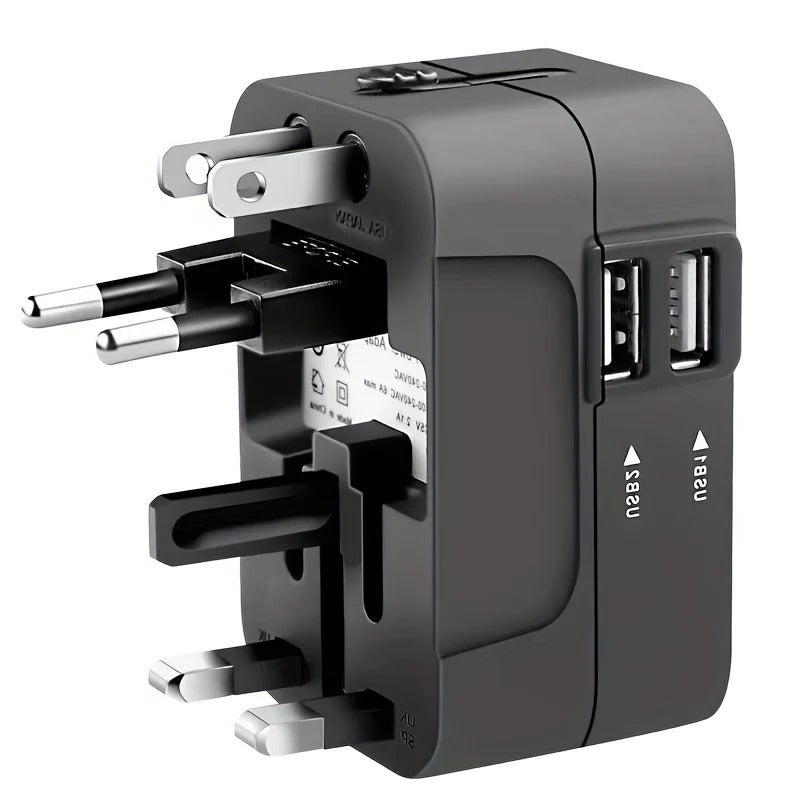 Universal Travel Power Adapter with Dual USB Ports for worldwide charging convenience.