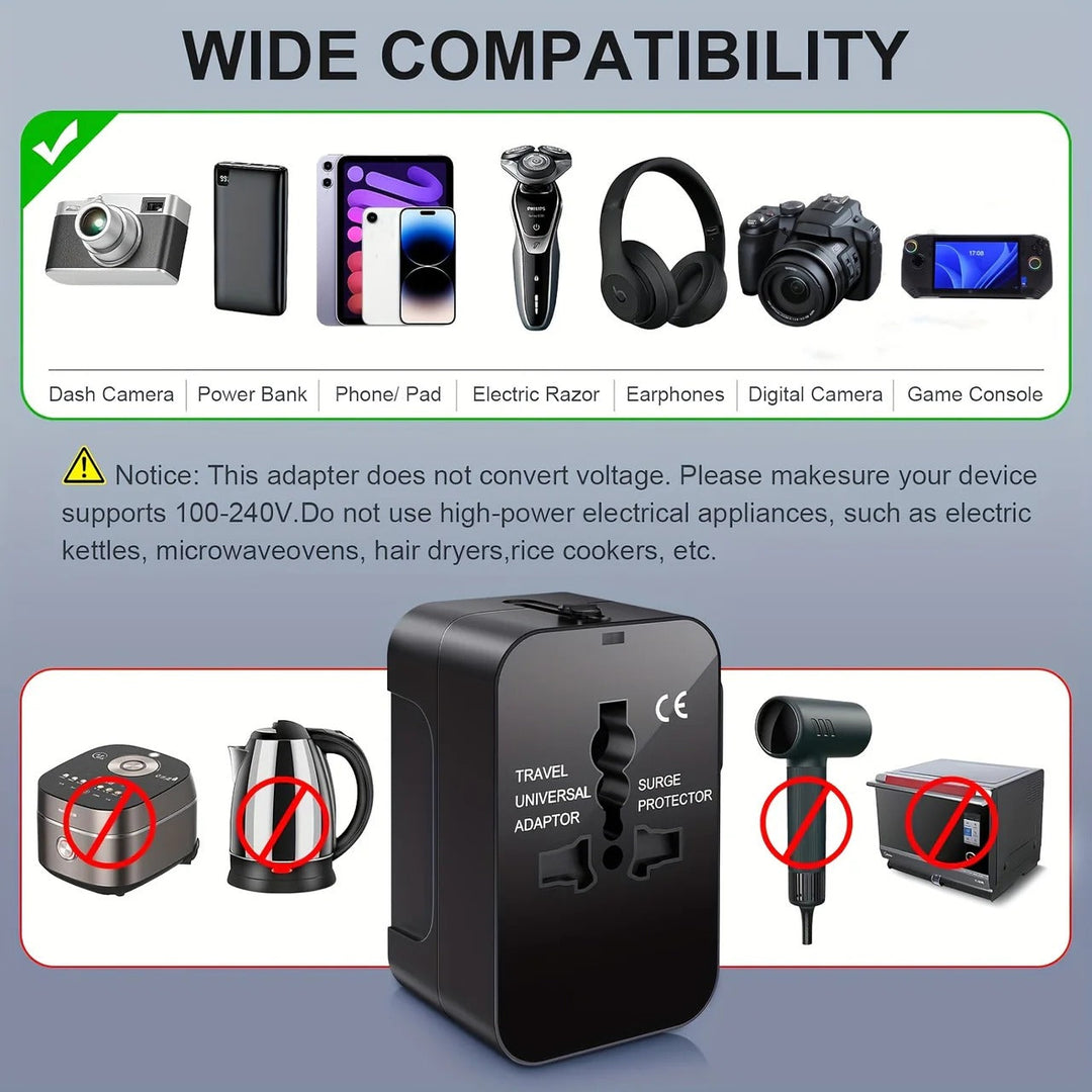 Global travel power accessory: Universal adapter with dual USB ports for quick charging.