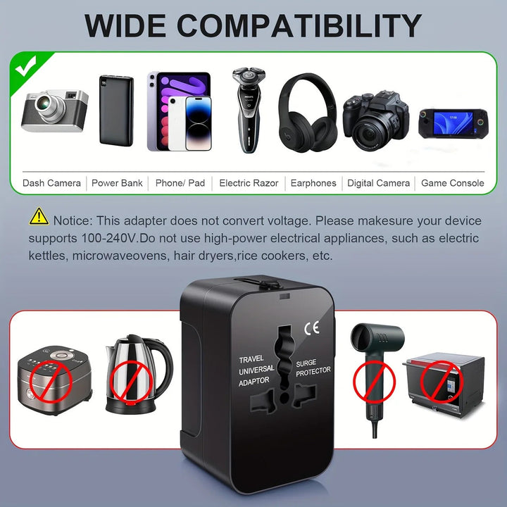 Global travel power accessory: Universal adapter with dual USB ports for quick charging.