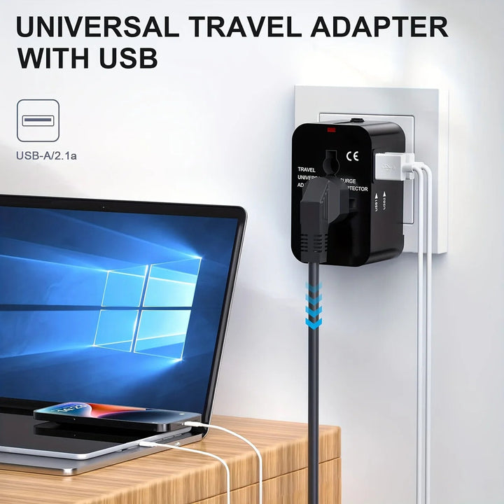 Multi-country universal travel plug adapter, featuring two USB ports for simultaneous charging.