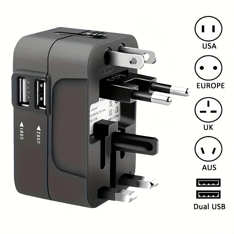 Compact international travel adapter with two USB ports for charging phones & devices.